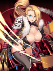Rule 34 | 1girl, asymmetrical bangs, black thighhighs, blonde hair, blue eyes, breasts, camophilia, claw (weapon), claws, cleavage cutout, clothing cutout, fur, highres, kaizin rumble, large breasts, leotard, long hair, mask, ninja, parted lips, ponytail, scroll, solo, thighhighs, weapon