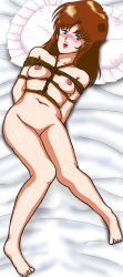 Rule 34 | arms behind back, artist cg, bakuha kanou site, barefoot, bdsm, bed, blush, bondage, bound, bound arms, breasts, brown hair, completely nude, feet, green eyes, hayase misa, highres, long hair, lying, macross, navel, nipples, no pussy, nude, on back, on bed, open mouth, pillow, rope, shibari, toes