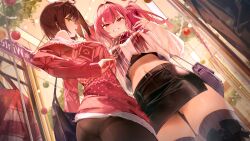 Rule 34 | 2girls, 7gao, ahoge, ass, azur lane, bag, baltimore (azur lane), bra, bremerton (azur lane), brown hair, christmas sweater, crop top, crop top overhang, from below, gluteal fold, handbag, highres, holding, holding phone, looking at viewer, midriff, mole, mole under eye, multiple girls, navel piercing, open mouth, pantyhose, phone, piercing, pink hair, scarf, short hair, skirt, smile, standing, thighs, twintails, underwear, yellow eyes