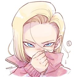 Rule 34 | 10s, 1girl, android 18, artist name, blonde hair, blue eyes, blush, dragon ball, dragon ball super, dragonball z, earrings, highres, jacket, jewelry, long sleeves, looking at viewer, pink jacket, serious, short hair, simple background, solo, solo focus, speech bubble, tkgsize, translated, twitter username, white background