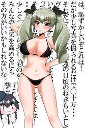 Rule 34 | 2girls, absurdres, alternate breast size, anchovy (girls und panzer), artist request, bikini, black hair, breasts, chibi, drill hair, girls und panzer, green hair, hair ribbon, highres, large breasts, looking at another, looking at viewer, multiple girls, navel, open mouth, pepperoni (girls und panzer), red eyes, ribbon, short hair, smile, standing, swimsuit, translation request, wide hips