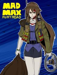 Rule 34 | 10s, ashigara (kancolle), atee (ate robo521), blood, blood on face, brown eyes, brown hair, clenched teeth, elbow gloves, explosive, gloves, hairband, jacket, kantai collection, mad max, mad max: fury road, magazine (weapon), miniskirt, pantyhose, shoulder pads, skirt, solo, steering wheel, teeth, translation request