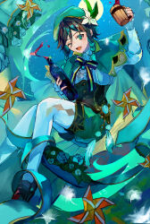 Rule 34 | 1boy, absurdres, alcohol, androgynous, beer mug, beret, black hair, blue hair, bottle, bow, braid, brooch, cape, collared cape, collared shirt, corset, cup, dandelion seed, diamond (shape), feathers, flower, frilled sleeves, frills, full moon, gem, genshin impact, gradient hair, green cape, green eyes, green hat, green shorts, hat, hat flower, highres, holding, holding bottle, holding cup, jewelry, leaf, long sleeves, looking at viewer, male focus, moon, mug, multicolored hair, night, night sky, one eye closed, open mouth, outdoors, pantyhose, pinwheel, shiramigame, shirt, shoes, short hair with long locks, shorts, side braids, sidelocks, sky, smile, solo, star (sky), starry sky, twin braids, venti (genshin impact), vision (genshin impact), white flower, white pantyhose, white shirt, wine, wine bottle