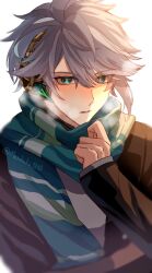 Rule 34 | 1boy, alhaitham (genshin impact), alternate costume, antenna hair, aqua hair, artist name, asymmetrical sidelocks, black jacket, breath, casual, contemporary, eyes visible through hair, facing viewer, genshin impact, green eyes, green scarf, grey hair, grey shirt, hair between eyes, hair over one eye, hand up, headphones, highres, jacket, light blush, long sleeves, looking at viewer, male focus, matohuku1210, multicolored eyes, multicolored hair, parted bangs, parted lips, scarf, shirt, short hair, sidelocks, simple background, solo, streaked hair, swept bangs, twitter username, two-tone hair, upper body, white background, winter clothes