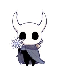 Rule 34 | 1other, cloak, commentary, flower, full body, grey cloak, holding, holding flower, hollow eyes, hollow knight, horns, knight (hollow knight), looking at viewer, lowres, no humans, simple background, solo, standing, ugly cat, weapon, white background, white flower