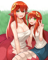 Rule 34 | 2girls, :d, absurdres, bare arms, bare shoulders, breasts, commission, fang, green eyes, hair between eyes, hair ornament, hairclip, happy, highres, lamia, large breasts, long hair, looking at viewer, miia (monster musume), mika (miiafag), monster girl, monster musume no iru nichijou, mother and daughter, multiple girls, open mouth, original, pointy ears, red hair, scales, shirt, sleeveless, sleeveless shirt, smile, sookmo, tail, tank top, v, white shirt, white tank top, yellow eyes