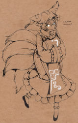 Rule 34 | 1girl, absurdres, animal hat, artist name, breasts, brown background, dated, dress, artistic error, fox tail, frilled dress, frilled sleeves, frilled socks, frills, full body, hat, highres, hip focus, large breasts, long sleeves, looking to the side, mob cap, monochrome, multiple tails, mushroom (osh320), open mouth, own hands together, mob cap, shoes, short hair, simple background, smile, socks, solo, spot color, tabard, tail, taut clothes, touhou, yakumo ran, yellow eyes