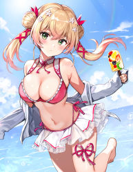 Rule 34 | 1girl, alternate costume, alternate hairstyle, barefoot, beach, bikini, bikini skirt, blonde hair, blue sky, blush, breasts, cleavage, closed mouth, cloud, cloudy sky, commentary, cowboy shot, day, double bun, flower, food, frilled bikini, frills, gradient hair, green eyes, hair between eyes, hair bun, hair flower, hair ornament, hair ribbon, highres, holding, holding food, hololive, jacket, long hair, looking at viewer, medium breasts, midriff, momosuzu nene, multicolored hair, navel, nishizawa, ocean, off shoulder, outdoors, pink hair, popsicle, rainbow, red bikini, ribbon, side bun, single side bun, skindentation, sky, sleeves past wrists, solo, stomach, sun, sunlight, swimsuit, thighs, twintails, two-tone hair, virtual youtuber, white jacket