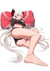 Rule 34 | 1girl, absurdres, artist request, ass, bandeau, bare legs, bare shoulders, barefoot, black bandeau, black panties, bow, breast suppress, breasts, check artist, commission, coqua, detached sleeves, feet, foreshortening, frilled sleeves, frills, hair bow, hands on own chest, highres, long hair, long sleeves, looking at viewer, lying, medium breasts, midriff, on back, original, panties, pillow, red eyes, second-party source, simple background, solo, strapless, thighs, toes, underboob, underwear, v-shaped eyebrows, very long hair, white background, white hair