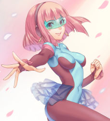 Rule 34 | 1girl, blue skirt, blunt bangs, blush, bodysuit, breasts, brown eyes, closed mouth, covered navel, cyber tutu, duel monster, earrings, foreshortening, from side, hand up, headphones, jewelry, knee up, looking at viewer, medium breasts, outstretched arm, petals, pink hair, showgirl skirt, skirt, smile, solo, tenjou tsuki, thighs, visor, yu-gi-oh!, yu-gi-oh! gx