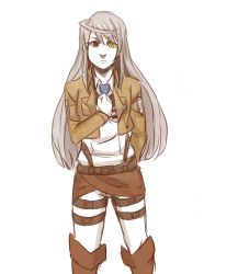 Rule 34 | 1girl, ahoge, armin arlert, boots, cosplay, cropped jacket, flat chest, heterochromia, infinite stratos, knee boots, laura bodewig, long hair, lowres, no eyepatch, pants, pants tucked in, red eyes, salute, shingeki no kyojin, silver hair, simonadventure, skirt, solo, thigh strap, uniform, voice actor connection, yellow eyes