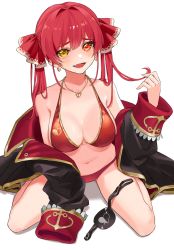 Rule 34 | 1girl, anchor symbol, armpit crease, arrow through heart, bikini, black jacket, blush, breasts, commentary request, earrings, eyelashes, eyepatch, unworn eyepatch, fang, full body, gold trim, hair ribbon, hand up, highres, hololive, houshou marine, houshou marine (summer), jacket, jewelry, large breasts, long hair, long sleeves, looking at viewer, navel, necklace, orange eyes, red bikini, red hair, red ribbon, ribbon, shadow, sidelocks, simple background, sitting, skin fang, sleeves past wrists, solo, swimsuit, thighs, twintails, virtual youtuber, wariza, white background, yellow eyes, yuku oe