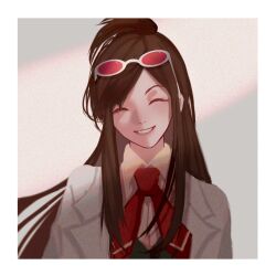 Rule 34 | 1girl, ace attorney, arms at sides, auroral928, brown hair, closed eyes, collared shirt, ema skye, ema skye (aa4), eyewear on head, grey background, grin, half updo, jacket, lapels, long hair, neckerchief, nostrils, open clothes, open jacket, pink-tinted eyewear, red neckerchief, shirt, sidelocks, smile, solo, swept bangs, tinted eyewear, upper body, vest, white-framed eyewear, white jacket, white shirt
