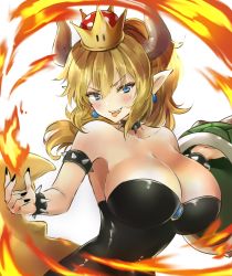 Rule 34 | &gt;:p, &gt;;d, 1girl, :d, :p, armlet, armpits, bad id, bad pixiv id, bare shoulders, black collar, black leotard, black nails, blonde hair, blue eyes, blue gemstone, blurry, blush, bowsette, bracelet, breasts, brooch, cleavage, collar, collarbone, commentary request, crown, depth of field, earrings, eyes visible through hair, fang, female focus, fingernails, fire, gem, hair between eyes, hands up, head tilt, holding, holding shell, horns, jewelry, large breasts, leotard, long hair, looking at viewer, mario (series), melings (aot2846), monster girl, nail polish, narrow waist, new super mario bros. u deluxe, nintendo, open mouth, pointy ears, ponytail, pyrokinesis, sharp fingernails, shell, sidelocks, skindentation, smile, solo, spiked armlet, spiked bracelet, spiked collar, spiked shell, spiked tail, spikes, strapless, strapless leotard, super crown, tail, teeth, tongue, tongue out, turtle shell, upper body, upper teeth only, v-shaped eyebrows, white background, white horns
