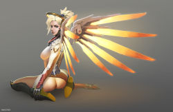 Rule 34 | 1girl, anus, ass, ass cutout, blonde hair, bodysuit, boots, breasts, brown legwear, brozeks, clothing cutout, full body, gloves, grey background, halo, high ponytail, highres, knee boots, lips, long hair, looking at viewer, mechanical halo, mechanical wings, mercy (overwatch), no panties, nose, overwatch, overwatch 1, ponytail, see-through, see-through legwear, sitting, solo, wariza, wings, yellow wings
