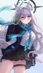 Rule 34 | 1girl, absurdres, ahoge, animal ear fluff, animal ears, bag, black bag, black halo, blue archive, blue eyes, blue jacket, blue scarf, blush, breasts, closed mouth, commentary, cowboy shot, earrings, english commentary, gloves, green gloves, grey hair, halo, hand up, highres, jacket, jewelry, long hair, long sleeves, looking at viewer, lunel, medium breasts, mismatched pupils, open clothes, open jacket, plaid, plaid skirt, pleated skirt, scarf, school bag, school uniform, shiroko (blue archive), shiroko terror (blue archive), shirt, simple background, single glove, skirt, solo, stud earrings, thigh strap, white background, white shirt, wolf ears