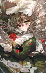 1girl artist_name blush book bug butterfly commentary_request dress flower frills green_dress green_eyes grey_hair hair_between_eyes hand_on_own_head headscarf heterochromia holding holding_book holding_flower insect komorihikki lolita_fashion long_hair long_sleeves looking_at_viewer red_eyes red_flower rozen_maiden signature solo suiseiseki very_long_hair white_headscarf wide_sleeves