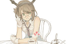Rule 34 | 10s, 1girl, adjusting eyewear, bare shoulders, bespectacled, brown hair, coffee, cosmic (crownclowncosmic), glasses, gloves, green eyes, headgear, heart, kantai collection, looking at another, mutsu (kancolle), short hair, simple background, solo, white background, white gloves