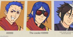 Rule 34 | 3boys, blue hair, brown hair, closed mouth, dual persona, grey eyes, grin, highres, k9999, krohnen, long hair, looking at viewer, meme, multicolored hair, multiple boys, nameless (kof), red eyes, red goggles, red scarf, scarf, short hair, simple background, sleeveless, smile, snk, the cooler daniel (meme), the king of fighters, the king of fighters xv, twitter username, upper body, veins, wallace pires, white hair