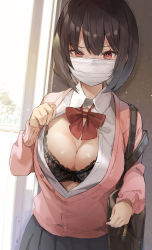 Rule 34 | 1girl, absurdres, bag, black bra, black skirt, bra, breasts, brown eyes, brown hair, cardigan, cleavage, collared shirt, commentary request, hair between eyes, heart, heart-shaped pupils, highres, lace, lace-trimmed bra, lace trim, large breasts, long sleeves, looking at viewer, masco, masco (character), mask, mouth mask, open clothes, open shirt, original, paid reward available, pink cardigan, pleated skirt, school bag, school uniform, shirt, short hair, skirt, solo, standing, surgical mask, symbol-shaped pupils, underwear, white shirt