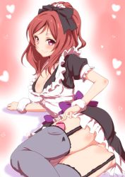 Rule 34 | 10s, 1girl, alternate costume, apron, blush, clearite, enmaided, garter straps, highres, looking at viewer, love live!, love live! school idol festival, love live! school idol project, lying, maid, maid apron, maid headdress, nishikino maki, on side, purple eyes, red hair, short hair, smile, solo, thighhighs