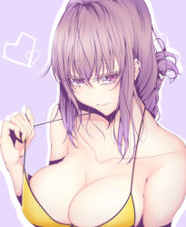 Rule 34 | 1girl, bikini, bikini top only, breasts, cleavage, clothes pull, collarbone, fate/grand order, fate (series), florence nightingale (chaldea lifesavers) (fate), florence nightingale (fate), heart, highres, looking at viewer, one-piece swimsuit pull, purple eyes, purple hair, solo, swimsuit, tetsu (excalibur920), upper body