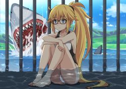 Rule 34 | 1girl, absurdres, bare shoulders, barefoot, blonde hair, blue eyes, breasts, cage, collarbone, commentary request, competition swimsuit, fate/grand order, fate (series), glasses, hair between eyes, highres, jeanne d&#039;arc (fate), jeanne d&#039;arc (ruler) (fate), jeanne d&#039;arc (swimsuit archer) (fate), jeanne d&#039;arc (swimsuit archer) (second ascension) (fate), kono subarashii sekai ni shukufuku wo!, large breasts, md5 mismatch, one-piece swimsuit, partially submerged, ponytail, resolution mismatch, shark, shimouki izui, sideboob, sitting, sleeveless, solo, source smaller, swimsuit, water