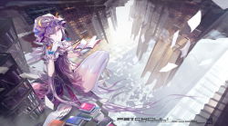 Rule 34 | 1girl, absurdly long hair, book, bookshelf, capelet, character name, coat, crescent, dress, female focus, flying paper, gloves, hat, highres, kiwamu, library, long hair, looking at viewer, open clothes, open coat, paper, patchouli knowledge, purple dress, purple eyes, purple hair, purple skirt, sitting, skirt, solo, stairs, thighhighs, touhou, very long hair, voile, white gloves, white thighhighs, zettai ryouiki