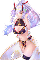 Rule 34 | 1girl, absurdres, bare shoulders, bikini, black bikini, blush, breasts, cleavage, cleavage cutout, closed mouth, clothing cutout, fate/grand order, fate (series), hair between eyes, hair ribbon, highres, horns, large breasts, long hair, looking at viewer, mitsudomoe (shape), navel, oni horns, ponytail, puffy short sleeves, puffy sleeves, red eyes, red ribbon, ribbon, short sleeves, sidelocks, silver hair, simple background, slit pupils, smile, swimsuit, thighhighs, thighs, tomoe (symbol), tomoe gozen (fate), tomoe gozen (swimsuit saber) (fate), tomoe gozen (swimsuit saber) (third ascension) (fate), waist cape, white background, yahan (mctr5253)