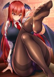 Rule 34 | 1girl, bat wings, breasts, brown pantyhose, closed mouth, commentary request, feet, fingernails, head wings, highres, hijikawa arashi, koakuma, large breasts, legs, long hair, long sleeves, nail polish, necktie, panties, panties under pantyhose, pantyhose, purple panties, red eyes, red hair, red nails, red necktie, sitting, smile, soles, solo, touhou, underwear, wings