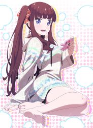 Rule 34 | 1girl, :d, alternate hairstyle, barefoot, black ribbon, blue eyes, blunt bangs, blush, bow, breasts, brown hair, feet, full body, hair bow, highres, holding, holding phone, hood, hood down, hooded sweater, long hair, makicha (sasurainopink), medium breasts, neck ribbon, new game!, open mouth, phone, ribbon, sitting, smile, soles, solo, sparkle, sweater, takimoto hifumi, twintails, very long hair, white sweater