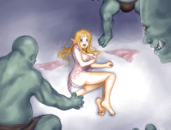 Rule 34 | 1girl, ass, barefoot, blonde hair, blue eyes, blush, breasts, cauldron (artist), colored skin, covering privates, crotch, elf, green skin, imminent rape, long hair, looking at viewer, lying, monster, nipples, on ground, on side, open mouth, orc, panties, pointy ears, screaming, soles, tears, toes, underwear, white panties