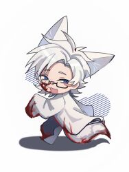 Rule 34 | 1boy, :3, absurdres, animal ears, ashao35846, blood, blood on clothes, blood on face, blood on tail, blue eyes, chinese commentary, commentary request, fox boy, fox ears, fox tail, glasses, highres, kanou aogu, kemonomimi mode, lab coat, long sleeves, male focus, open mouth, rectangular eyewear, running, saibou shinkyoku, semi-rimless eyewear, short hair, single blush sticker, sleeves past fingers, sleeves past wrists, solo, tail, white hair