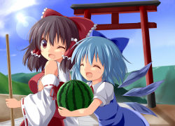 Rule 34 | 2girls, :d, ;d, ^ ^, blue hair, blush, bow, breasts, brown hair, cirno, closed eyes, cloud, day, detached sleeves, closed eyes, food, fruit, hair bow, hair tubes, hakurei reimu, hisae (hisae collect), ice, ice wings, lens flare, medium breasts, multiple girls, one eye closed, open mouth, short hair, sidelocks, sky, smile, torii, touhou, upper body, watermelon, wings