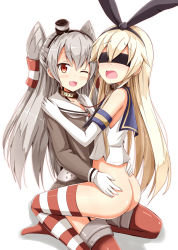 Rule 34 | 10s, 2girls, aikawa ryou, amatsukaze (kancolle), animal collar, ass, ass grab, bare shoulders, blindfold, blonde hair, blush, bottomless, breasts, brown eyes, butt crack, collar, crop top, detached sleeves, dress, elbow gloves, garter straps, gloves, grabbing another&#039;s ass, groping, hair between eyes, hair tubes, hairband, highres, kantai collection, lifebuoy, long hair, multiple girls, one eye closed, open mouth, red legwear, sailor collar, sailor dress, shimakaze (kancolle), shiny skin, short dress, silver hair, sitting, sitting on lap, sitting on person, small breasts, striped clothes, striped legwear, striped thighhighs, swim ring, thighhighs, two side up, white gloves