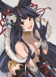 Rule 34 | 1girl, :d, animal ears, artist name, bare shoulders, bell, black thighhighs, breasts, choker, cleavage, collarbone, erune, fox ears, fox shadow puppet, fox tail, gradient background, granblue fantasy, grey background, hair bell, hair ornament, highres, large breasts, long hair, looking at viewer, m/, nstch root a, open mouth, red eyes, smile, solo, tail, thighhighs, very long hair, yuel (granblue fantasy)