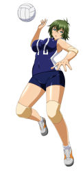 Rule 34 | 00s, 1girl, bad source, ball, bandages, breasts, covered navel, curvy, expressionless, green hair, highres, ikkitousen, jumping, kyocho chuukou, large breasts, official art, playing sports, shiny skin, short hair, short shorts, shorts, simple background, volleyball, volleyball (object), white background, wide hips, wristband