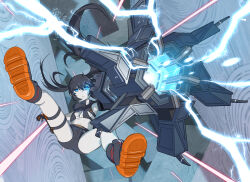 Rule 34 | 1girl, 32zzz, arm cannon, black bra, black gloves, black hair, black rock shooter, black rock shooter: dawn fall, black rock shooter (character), black shorts, blue eyes, bra, firing, flaming eye, gloves, highres, long hair, rock cannon, shorts, solo, twintails, underwear, uneven twintails, weapon