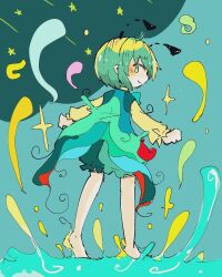 Rule 34 | 1girl, antennae, barefoot, cape, fireflies, from side, full body, green cape, green eyes, green hair, mokumoku22, one-hour drawing challenge, solo, star (sky), star (symbol), touhou, two-sided cape, two-sided fabric, wriggle nightbug