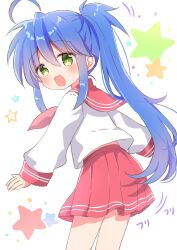 Rule 34 | 1girl, :3, :d, ahoge, alternate hairstyle, blue hair, blush, bright pupils, collared shirt, commentary request, female focus, from behind, green eyes, hair between eyes, happy, highres, izumi konata, long hair, long sleeves, looking at viewer, looking back, lucky star, miniskirt, motion lines, nanami ayane (kusunoki5050), open mouth, outstretched arms, pleated skirt, ponytail, red sailor collar, red skirt, ryouou school uniform, sailor collar, school uniform, serafuku, shirt, sidelocks, simple background, skirt, smile, solo, sound effects, spiked hair, standing, star (symbol), very long hair, white background, white shirt