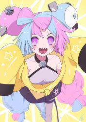 Rule 34 | 1girl, :d, absurdres, blue hair, blush, breasts, collarbone, commentary request, creatures (company), eyelashes, game freak, grey shirt, hands up, highres, iono (pokemon), itrneu eaka, jacket, long hair, nintendo, open mouth, pokemon, pokemon sv, purple eyes, purple hair, sharp teeth, shirt, sleeveless, sleeveless shirt, sleeves past fingers, sleeves past wrists, smile, solo, star (symbol), teeth, thigh strap, tongue, yellow jacket, yellow pupils