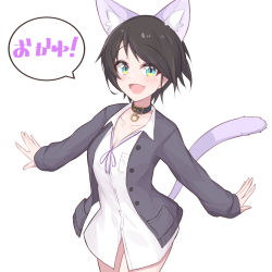 Rule 34 | 1girl, :d, animal ear fluff, animal ears, aqua eyes, black choker, black hair, black jacket, blush, cat ears, cat tail, choker, collared shirt, commentary request, cosplay, cowboy shot, dress, eihire, fang, female focus, highres, hololive, jacket, long sleeves, looking at viewer, nekomata okayu, nekomata okayu (oversized shirt), nekomata okayu (cosplay), oozora subaru, open clothes, open jacket, open mouth, shirt, short hair, simple background, skin fang, smile, solo, speech bubble, standing, tail, tail raised, translated, virtual youtuber, white background, white shirt