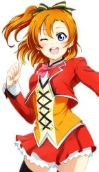 Rule 34 | 10s, 1girl, ;d, blue eyes, bow, cowboy shot, earrings, jewelry, kosaka honoka, looking at viewer, love live!, love live! school idol project, one eye closed, open mouth, orange hair, side ponytail, simple background, smile, solo, sunny day song, thighhighs, vorupi, white background, zettai ryouiki