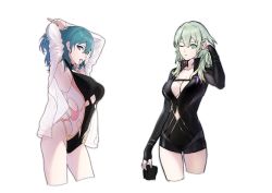 Rule 34 | 1girl, alternate costume, arms up, blue eyes, blue hair, breasts, byleth (female) (fire emblem), byleth (fire emblem), check commentary, cleavage, clovisxvii, commentary request, fire emblem, fire emblem: three houses, green eyes, green hair, highres, holding, multiple views, nintendo, one eye closed, parted lips, see-through, simple background, swimsuit, white background