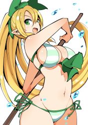 Rule 34 | 1girl, :d, bikini, blonde hair, bow, breasts, cleavage, elf, green eyes, groin, hair between eyes, hair bow, highres, hip focus, large breasts, leafa, long hair, looking at viewer, nac000, navel, open mouth, pointy ears, ponytail, side-tie bikini bottom, simple background, smile, solo, string bikini, striped bikini, striped clothes, swimsuit, sword art online, very long hair, water, water drop, white background