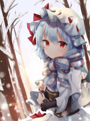 Rule 34 | 1girl, alternate costume, arms up, bad id, bad pixiv id, bare tree, bat wings, blouse, blue hair, blue shirt, blurry, blush, capelet, commentary request, day, depth of field, hair between eyes, hat, highres, long sleeves, looking at viewer, mob cap, outdoors, overcast, plaid, plaid scarf, raina 017, red eyes, remilia scarlet, scarf, shirt, short hair, skirt, sky, smile, snowing, solo, standing, touhou, tree, underbust, upper body, white capelet, white hat, white skirt, wings