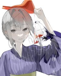 Rule 34 | 1girl, absurdres, arm up, bag, blush, braid, breasts, caustics, commentary, fish, fox mask, goldfish, grey eyes, grey hair, grin, hair bun, highres, holding, japanese clothes, kimono, long hair, looking at viewer, mask, mask on head, mo011010, original, parted lips, purple kimono, simple background, small breasts, smile, solo, striped clothes, striped kimono, symbol-only commentary, talisman, vertical stripes, water, white background, wide sleeves