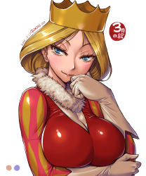 Rule 34 | 1girl, amania orz, blonde hair, blue eyes, breasts, crown, dated, fur trim, gloves, highres, hilling (ousama ranking), large breasts, looking at viewer, mature female, ousama ranking, queen, shadow, simple background, smile, solo, twitter username, upper body, white background, white gloves
