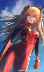 Rule 34 | 1girl, artist name, blue eyes, blue sky, bodysuit, breasts, brown hair, curvy, expressionless, highres, lips, long hair, looking at viewer, minestrongzzz, neon genesis evangelion, plugsuit, red bodysuit, serious, shiny clothes, simple background, skin tight, sky, solo, souryuu asuka langley, standing, tsundere, twitter username, two side up, very long hair, wide hips