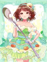 Rule 34 | 1girl, bare shoulders, blush, bow, brown eyes, brown hair, bubble, cherry, earrings, food, fruit, hair ornament, holding, holding spoon, idolmaster, idolmaster cinderella girls, idolmaster cinderella girls starlight stage, jewelry, looking at viewer, multicolored clothes, nagatomi hasumi, necklace, parted lips, pearl earrings, see-through gloves, short hair, smile, solo, spoon, tokitanatsu